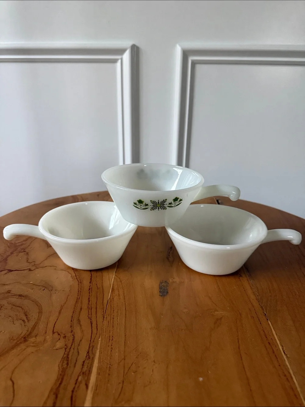 Anchor Hocking Fire King Set of 3 Milk Glass Soup Bowls Meadow Green & Plain